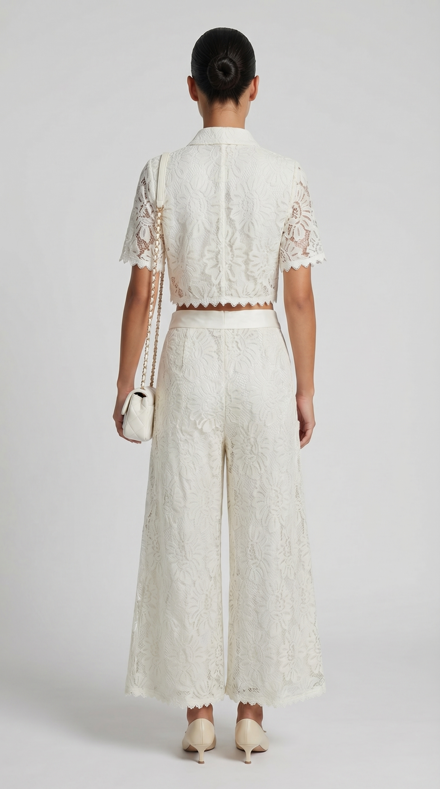 Senti - Cropped Lace Shirt & Wide-Leg Trouser Set White