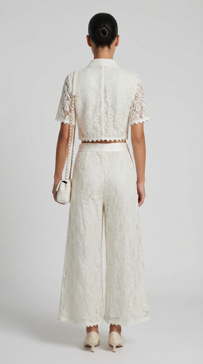 Senti - Cropped Lace Shirt & Wide-Leg Trouser Set White