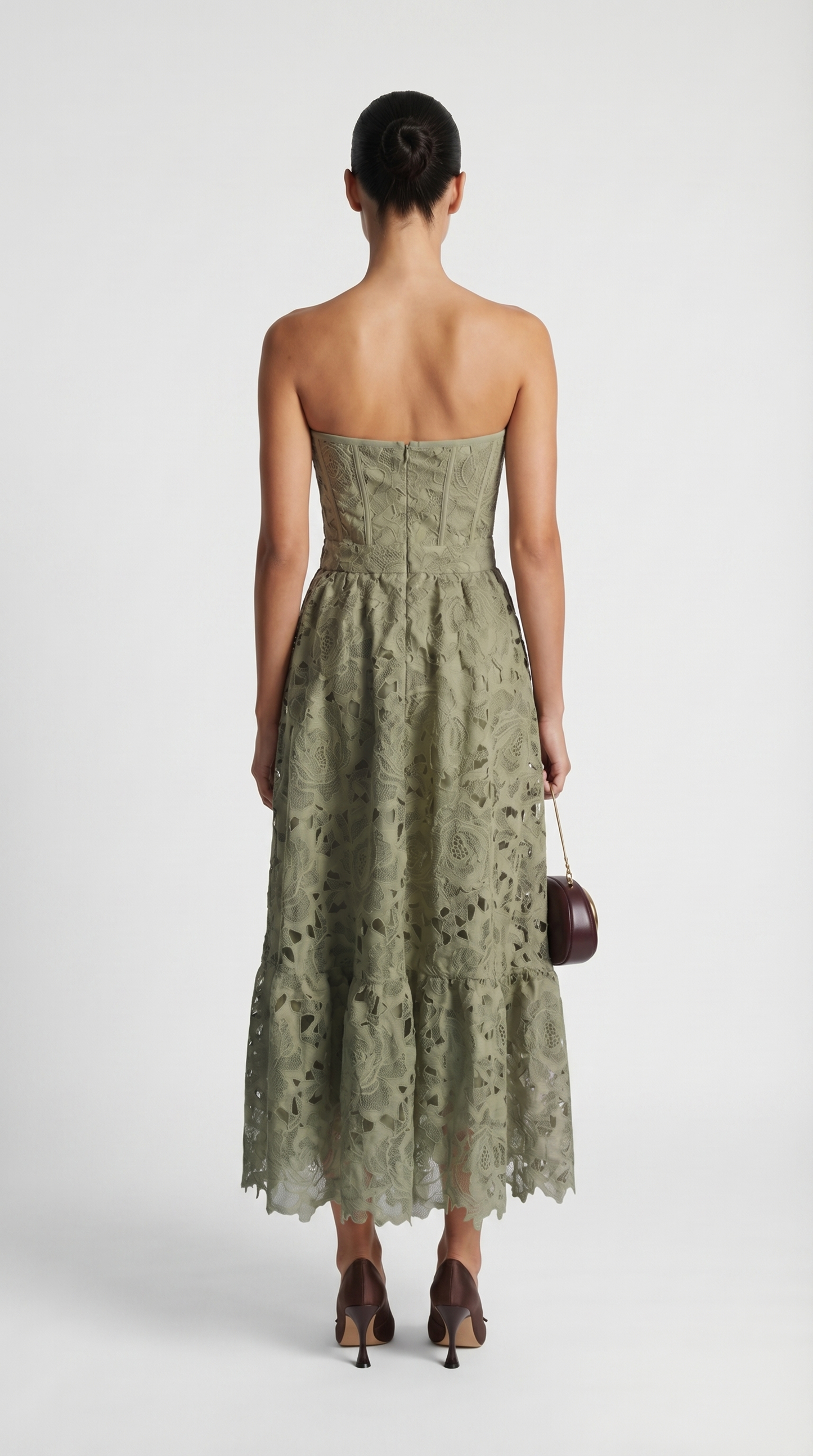 Ole - Strapless Guipure Lace Bustier Maxi Dress Green