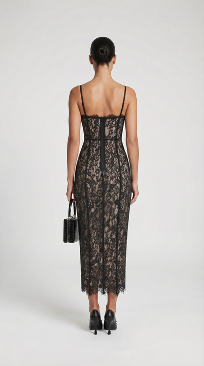 Lotri - Paneled Floral Lace Bustier Midi Dress