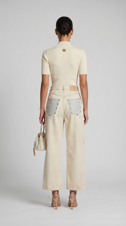 Solo - Keyhole-Detail Ribbed Knit Top Beige