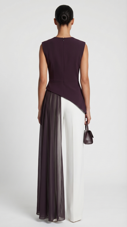 Mara - Asymmetrical Chiffon-Draped Peplum Top Burgundy