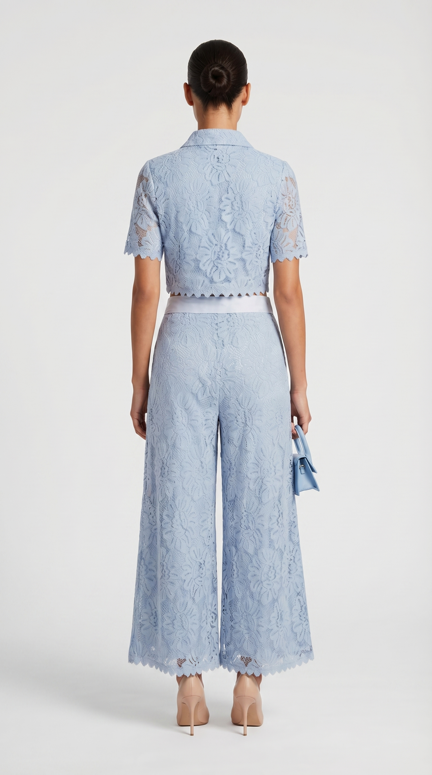 Senti - Cropped Lace Shirt & Wide-Leg Trouser Set Blue