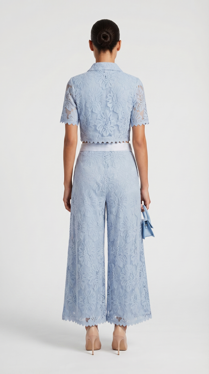 Senti - Cropped Lace Shirt & Wide-Leg Trouser Set Blue
