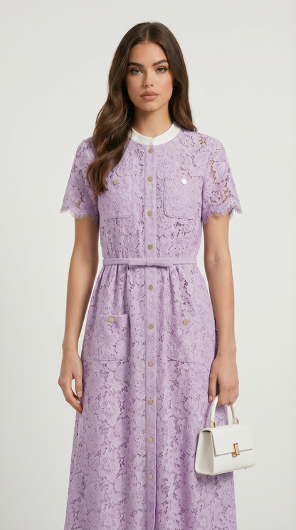Zalia - Victorian Lace Belted Midi Dress