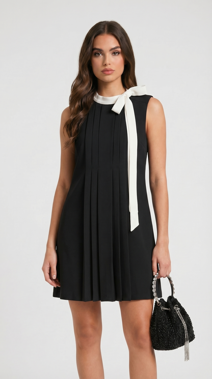 Kona - Pleated Bow-Neck Mini Dress
