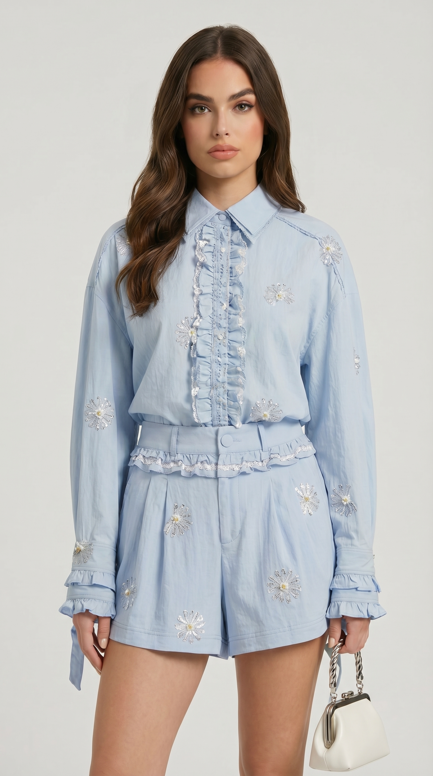 Vela - Embroidered Ruffle Shirt & Short Set