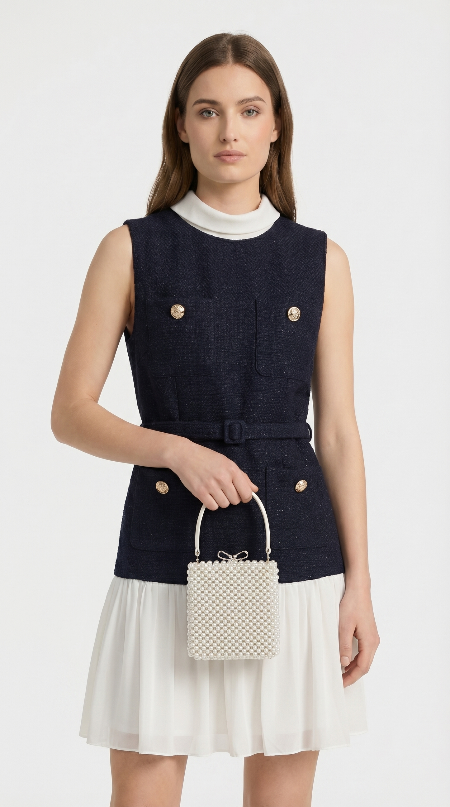 Bora - Belted Tweed & Pleated Chiffon Dress