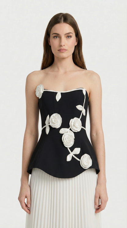 Oro - 3D Floral Peplum & Pleated Maxi Dress Black