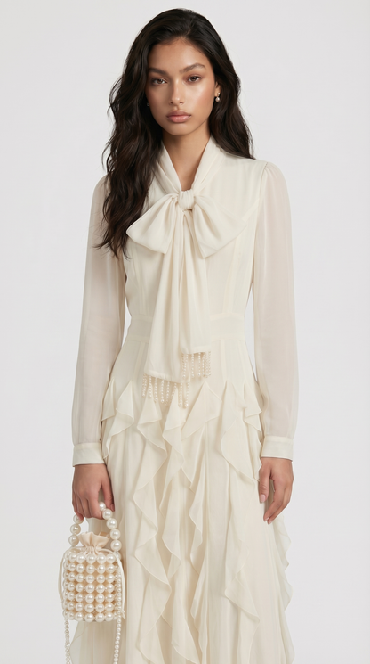 Zola - Tiered Ruffle Pussy-Bow Maxi Dress White