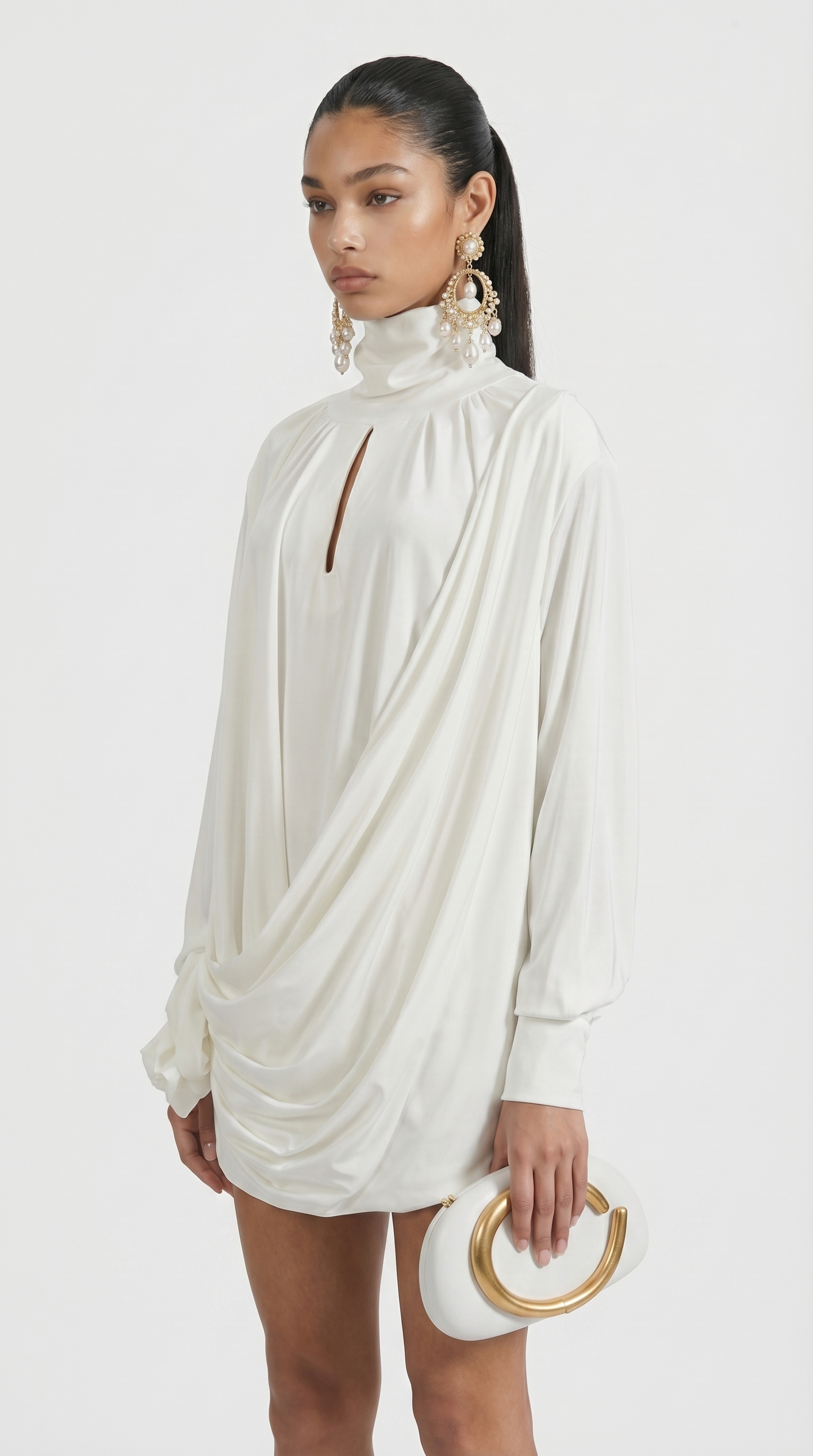 Vesa - Draped High-Neck Mini Dress with Rose Detail