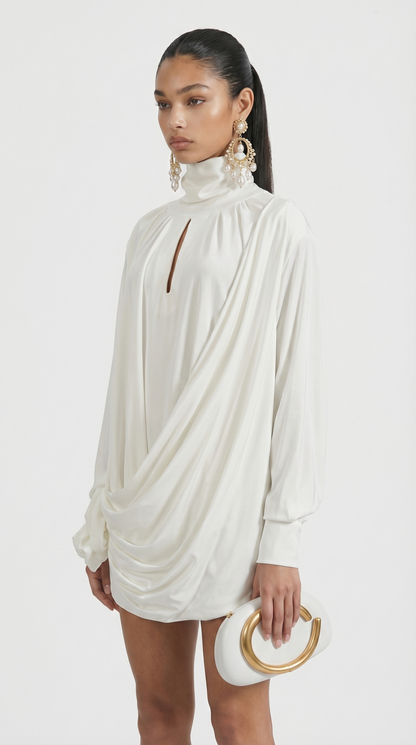 Vesa - Draped High-Neck Mini Dress with Rose Detail