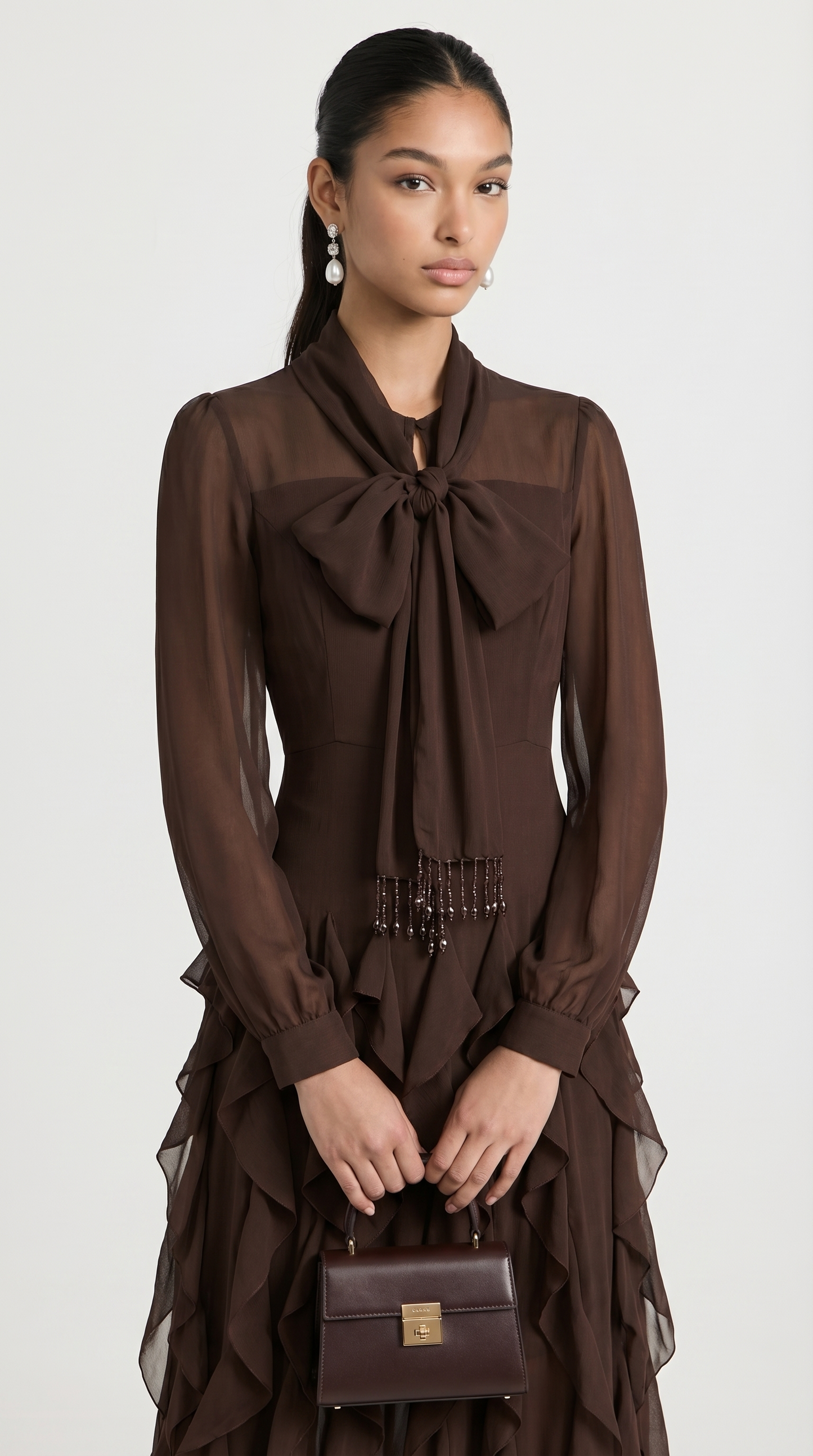 Zola - Tiered Ruffle Pussy-Bow Maxi Dress Brown