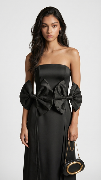 Keli - Triple-Bow Strapless Column Maxi Dress Black