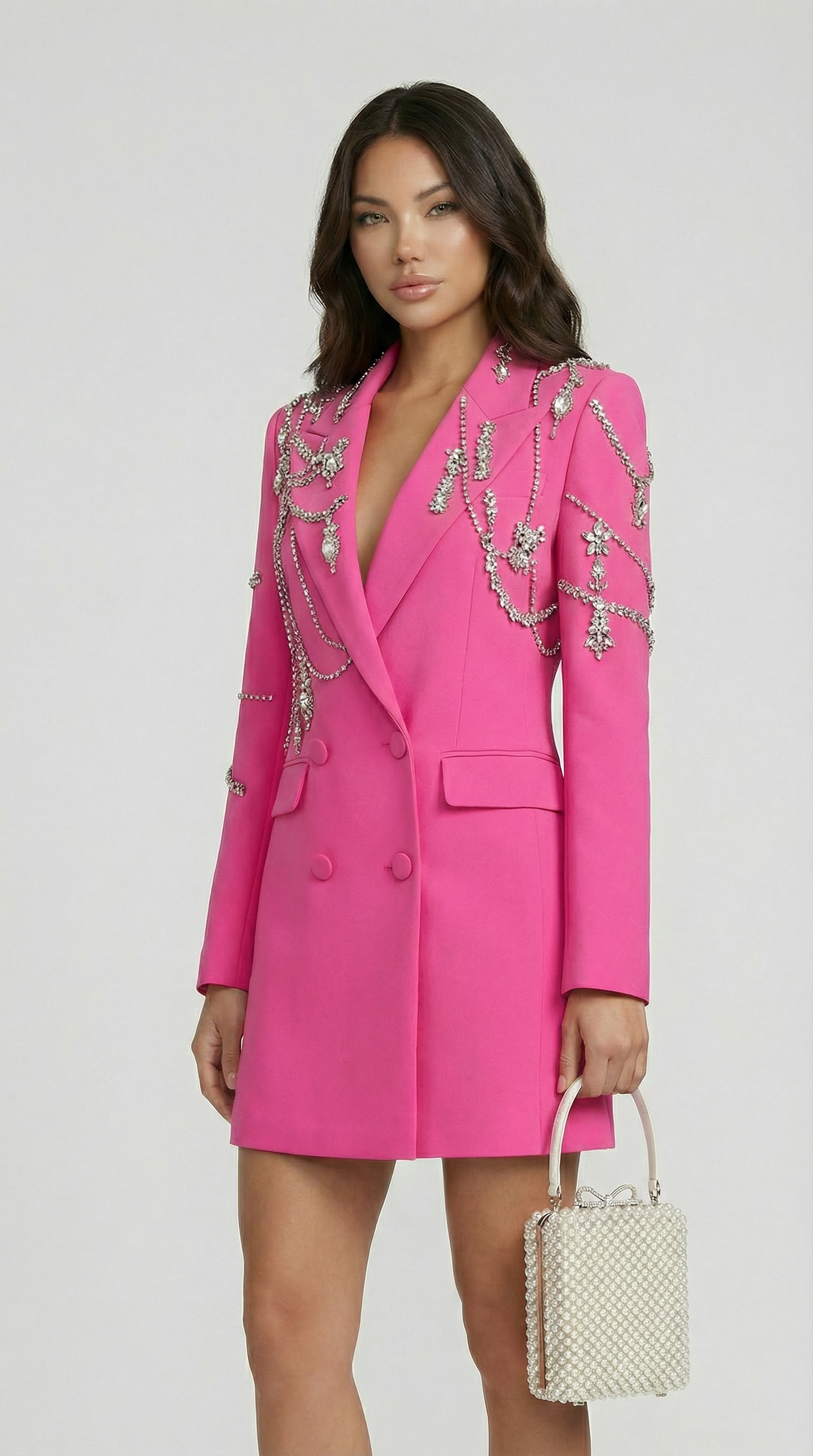 Veno - Crystal-Draped Double-Breasted Blazer Dress Pink