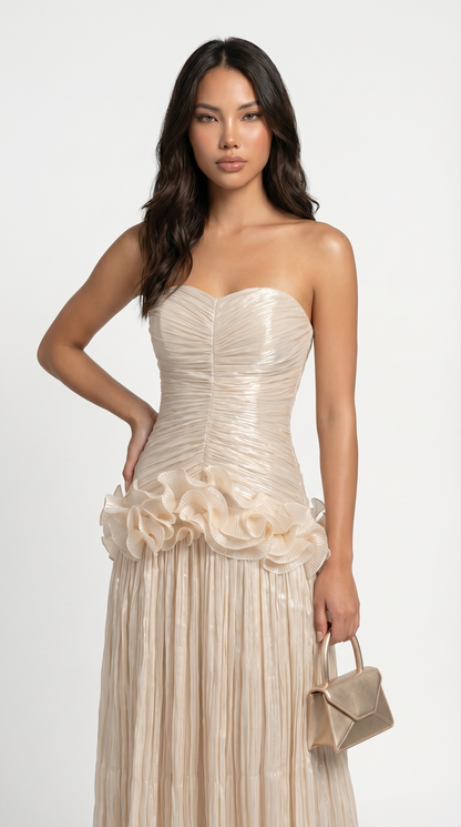 Miri - Metallic Pleated Strapless Maxi Dress Ivory