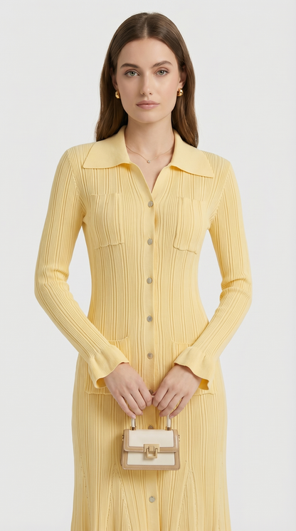 Kena - Ribbed Knit Button-Down Midi Dress Yellow