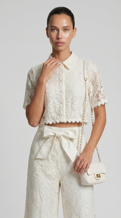 Senti - Cropped Lace Shirt & Wide-Leg Trouser Set White