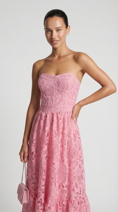 Ole - Strapless Guipure Lace Bustier Maxi Dress Pink