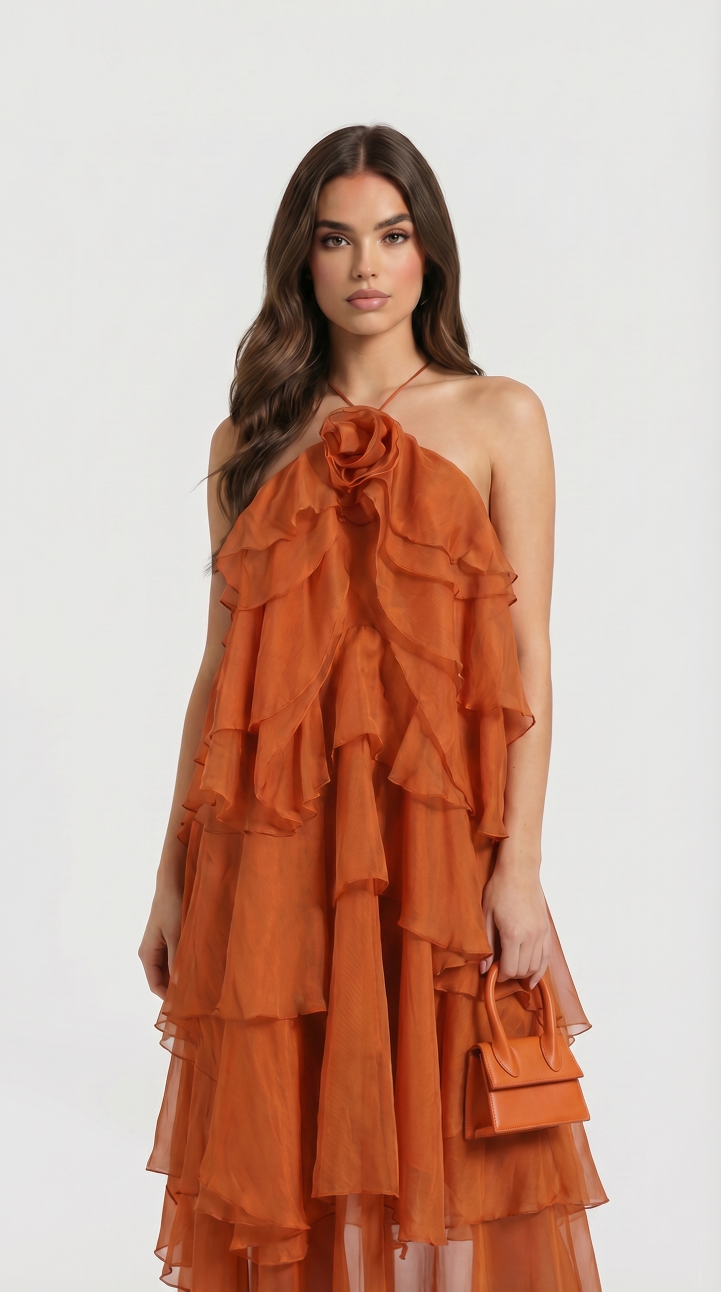 Zeli - Tiered Ruffle Halter Maxi Dress Orange
