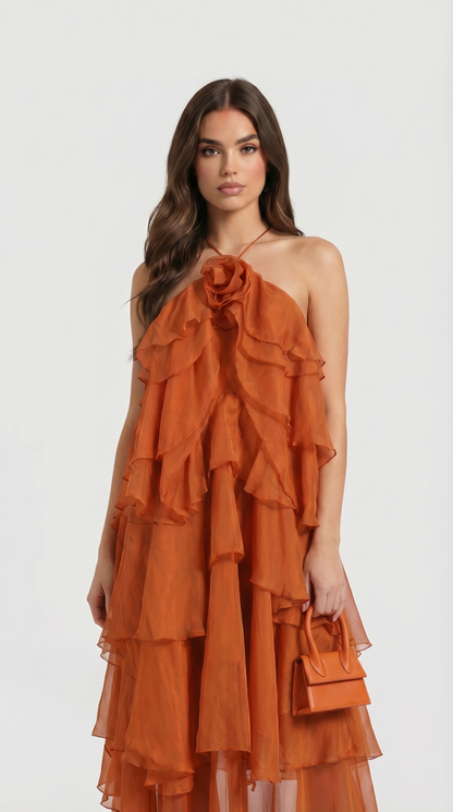 Zeli - Tiered Ruffle Halter Maxi Dress Orange