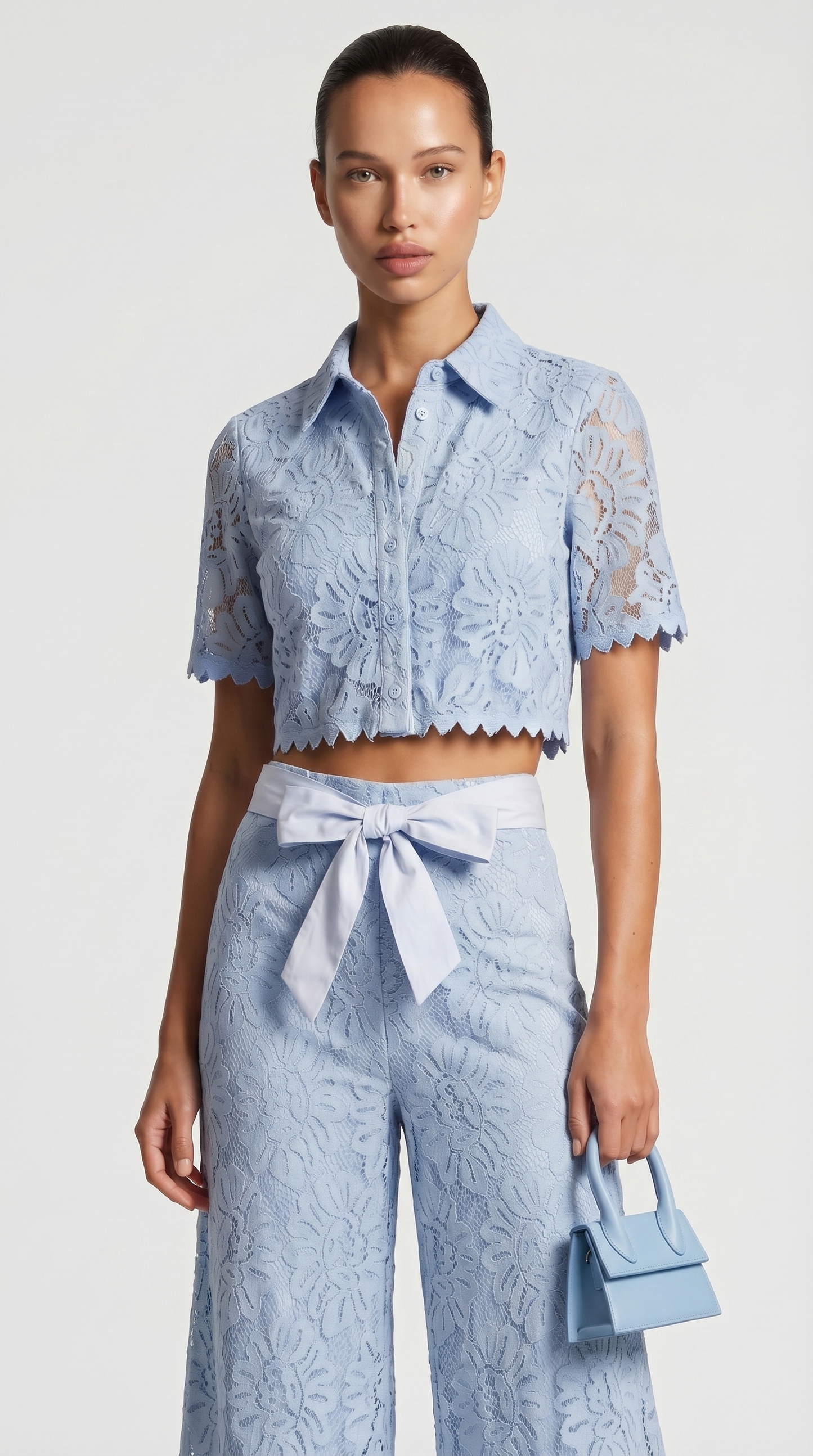 Senti - Cropped Lace Shirt & Wide-Leg Trouser Set Blue