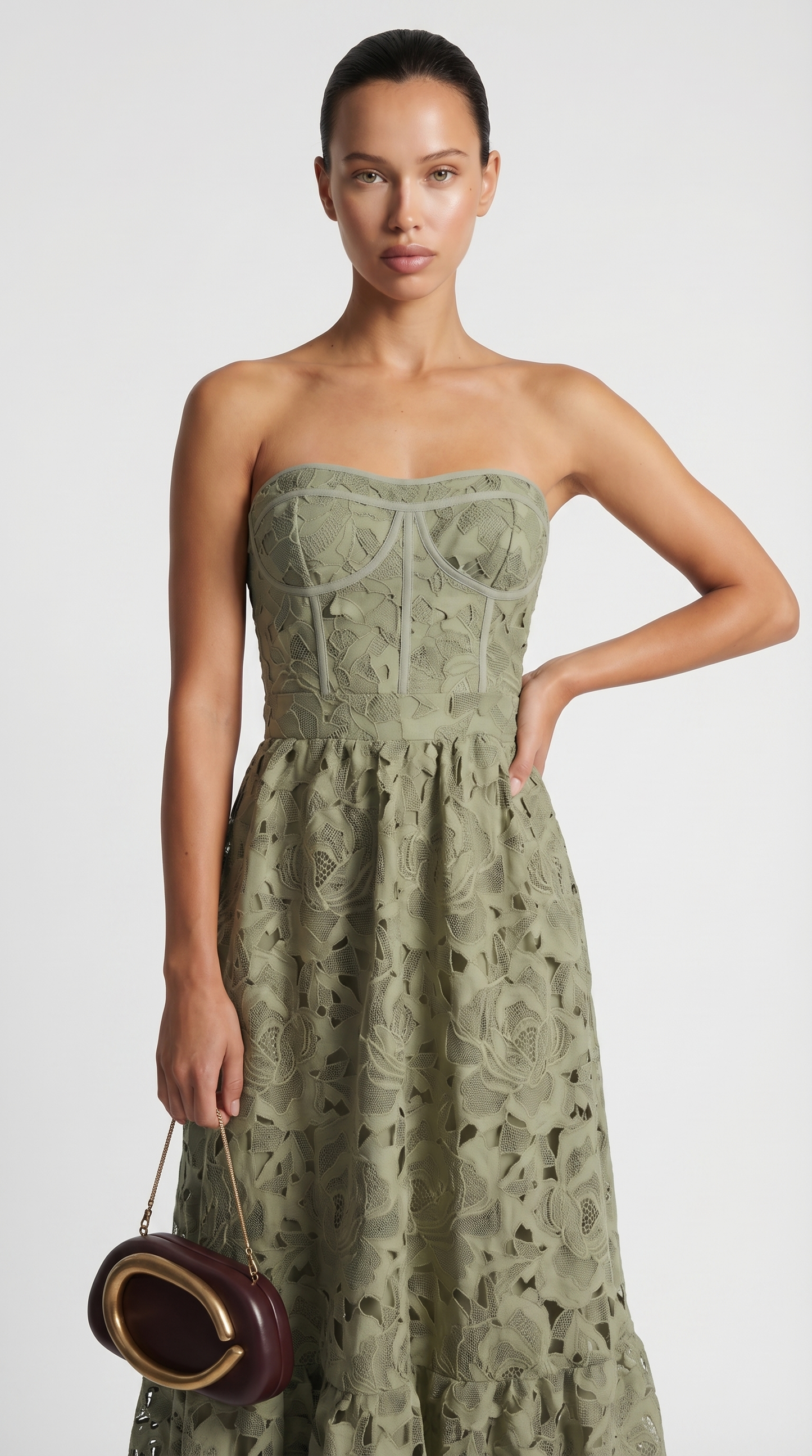 Ole - Strapless Guipure Lace Bustier Maxi Dress Green