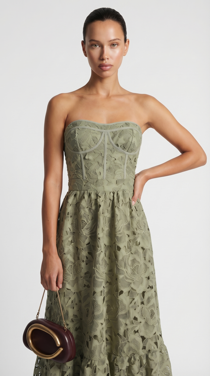 Ole - Strapless Guipure Lace Bustier Maxi Dress Green
