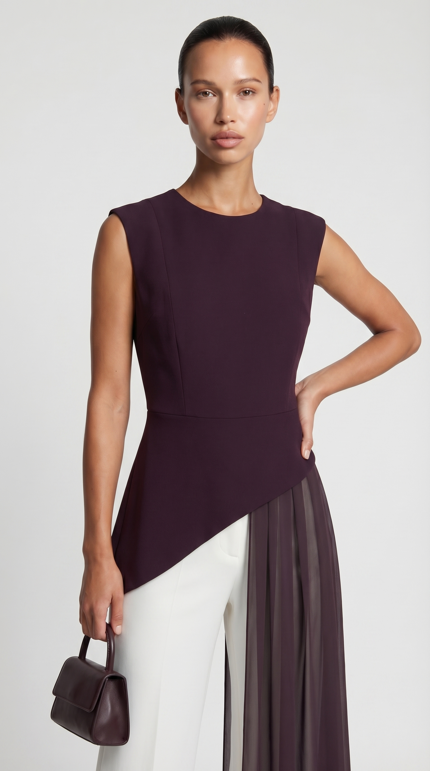 Mara - Asymmetrical Chiffon-Draped Peplum Top Burgundy