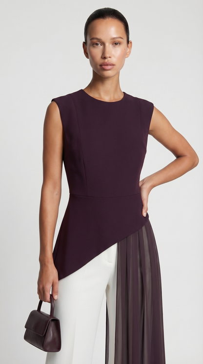 Mara - Asymmetrical Chiffon-Draped Peplum Top Burgundy