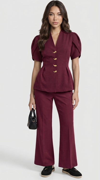 Livo - Puff-Sleeve Burgundy Set