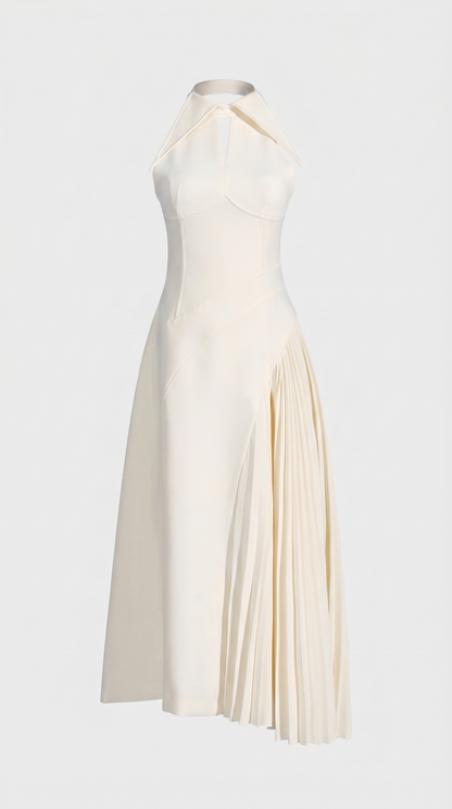 Ota - Pleated Halter Midi Dress with Keyhole Detail