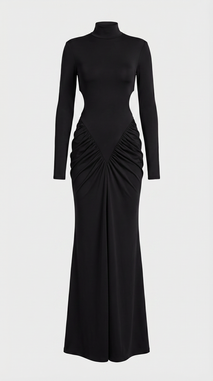 Aret - Ruched Cut-Out Mock-Neck Maxi Dress Black