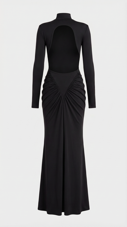 Aret - Ruched Cut-Out Mock-Neck Maxi Dress Black