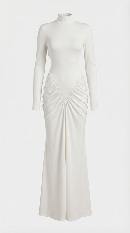 Aret - Ruched Cut-Out Mock-Neck Maxi Dress White