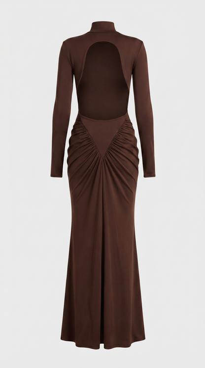 Aret - Ruched Cut-Out Mock-Neck Maxi Dress Brown