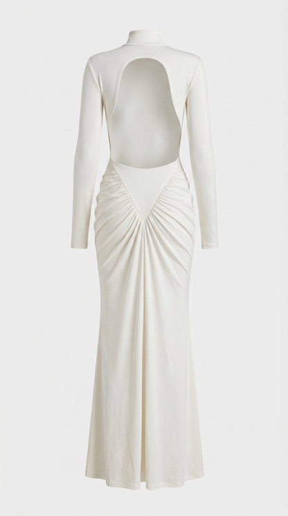Aret - Ruched Cut-Out Mock-Neck Maxi Dress White