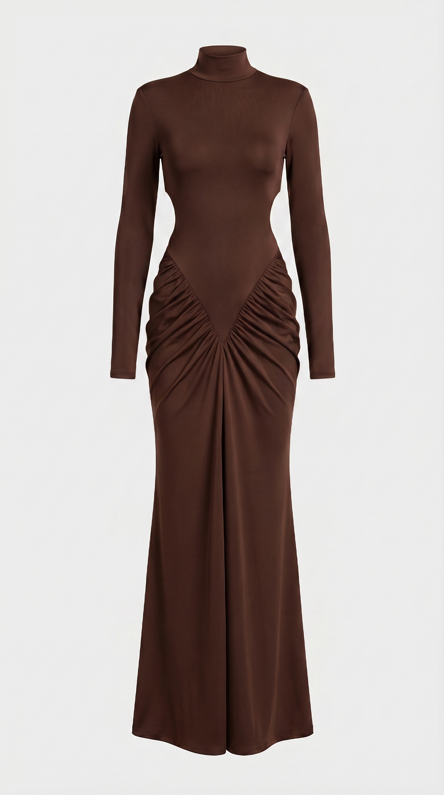 Aret - Ruched Cut-Out Mock-Neck Maxi Dress Brown
