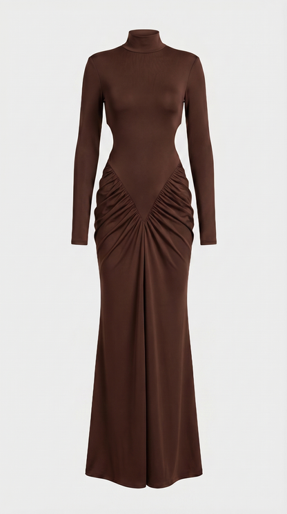 Aret - Ruched Cut-Out Mock-Neck Maxi Dress Brown