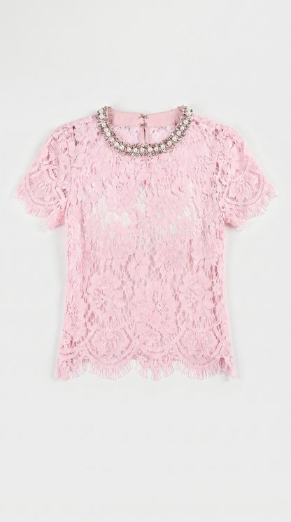 Boni - Crystal-Embellished Guipure Lace Blouse Pink