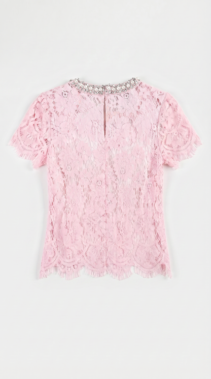 Boni - Crystal-Embellished Guipure Lace Blouse Pink
