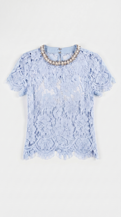 Boni - Crystal-Embellished Guipure Lace Blouse Baby Blue