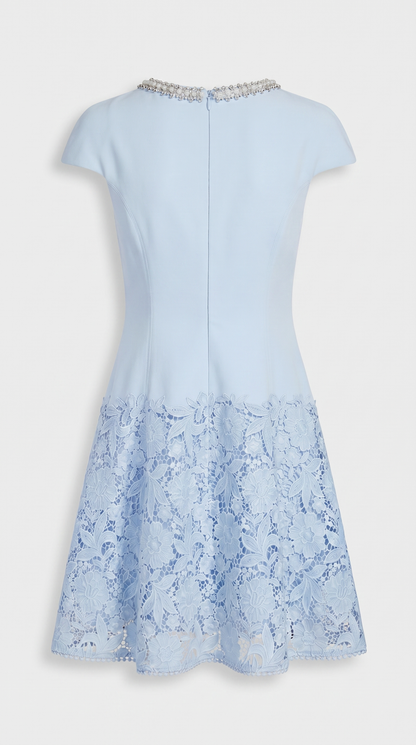 Elsi - Baby Blue Jeweled-Neck Lace-Overlay Mini Dress