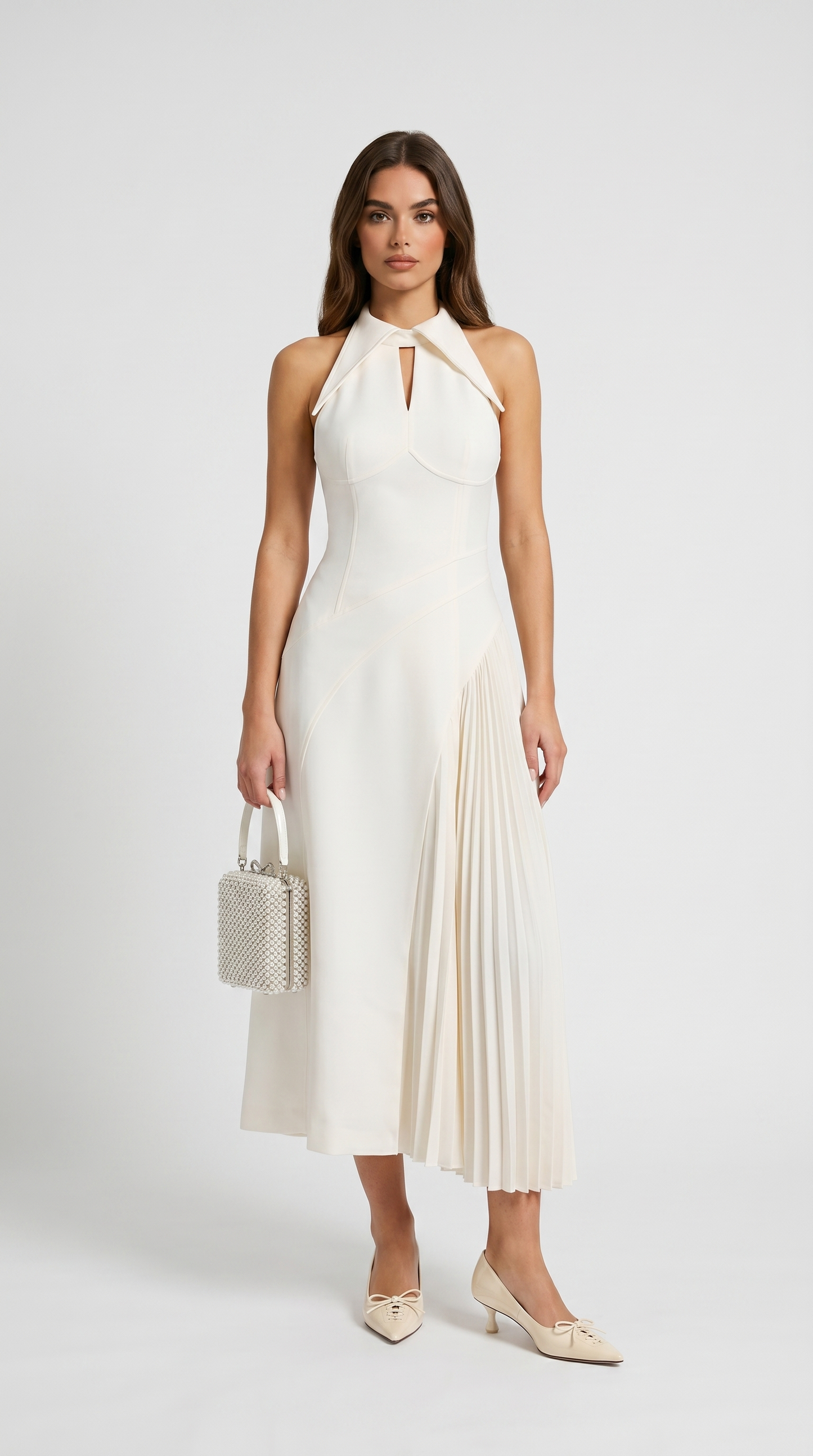 Ota - Pleated Halter Midi Dress with Keyhole Detail