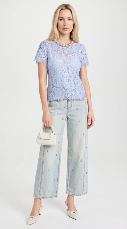 Boni - Crystal-Embellished Guipure Lace Blouse Baby Blue