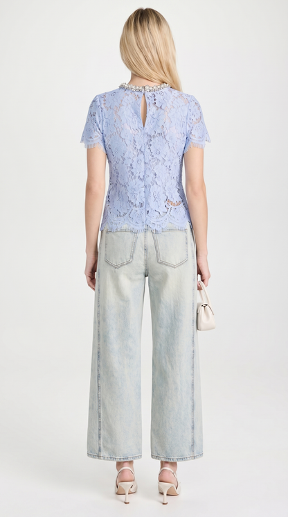 Boni - Crystal-Embellished Guipure Lace Blouse Baby Blue