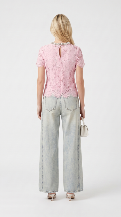 Boni - Crystal-Embellished Guipure Lace Blouse Pink