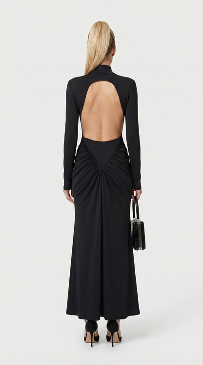 Aret - Ruched Cut-Out Mock-Neck Maxi Dress Black