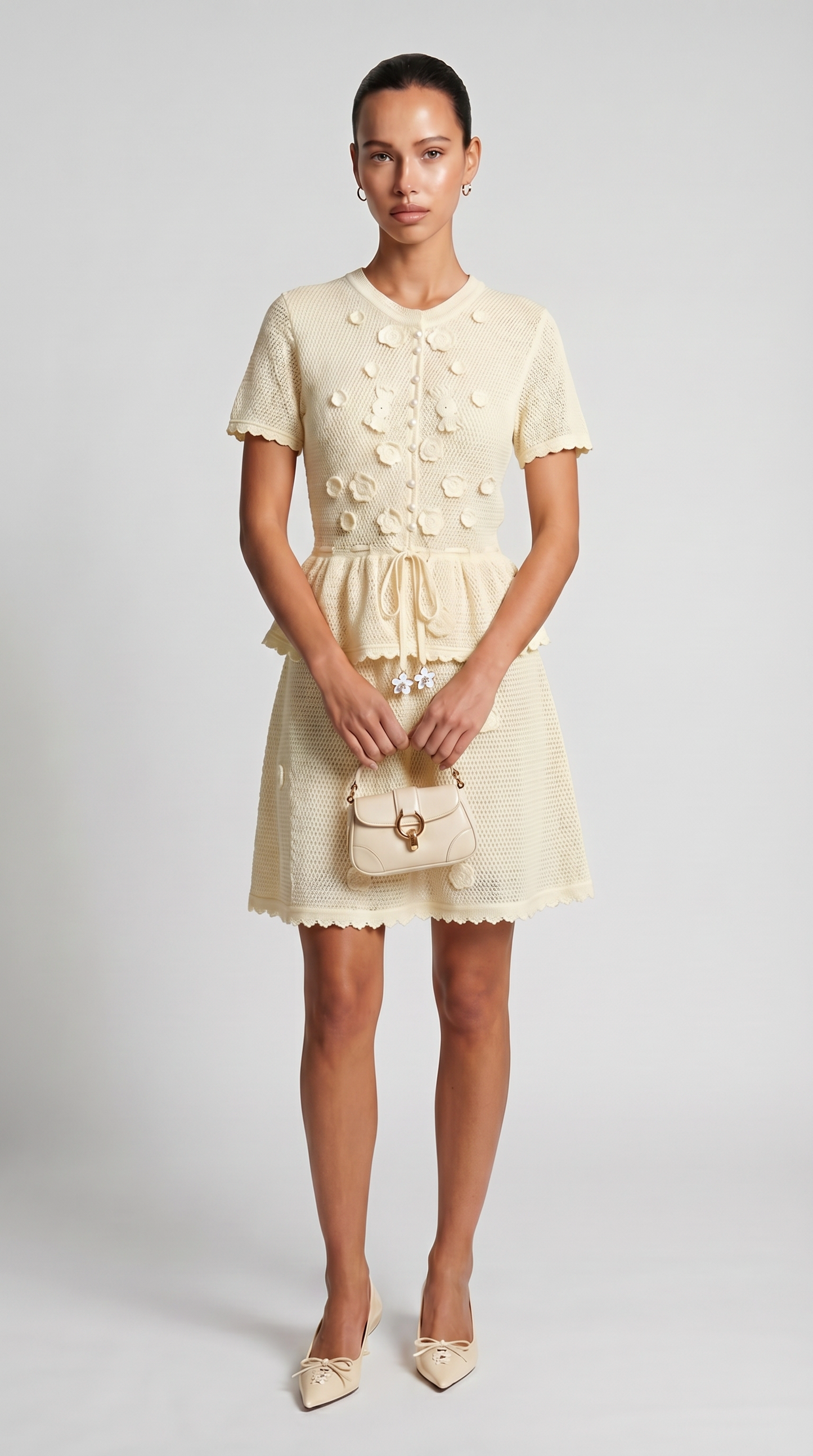 Alsi - 3D Floral-Appliqué Knit Cardigan & Skirt Set