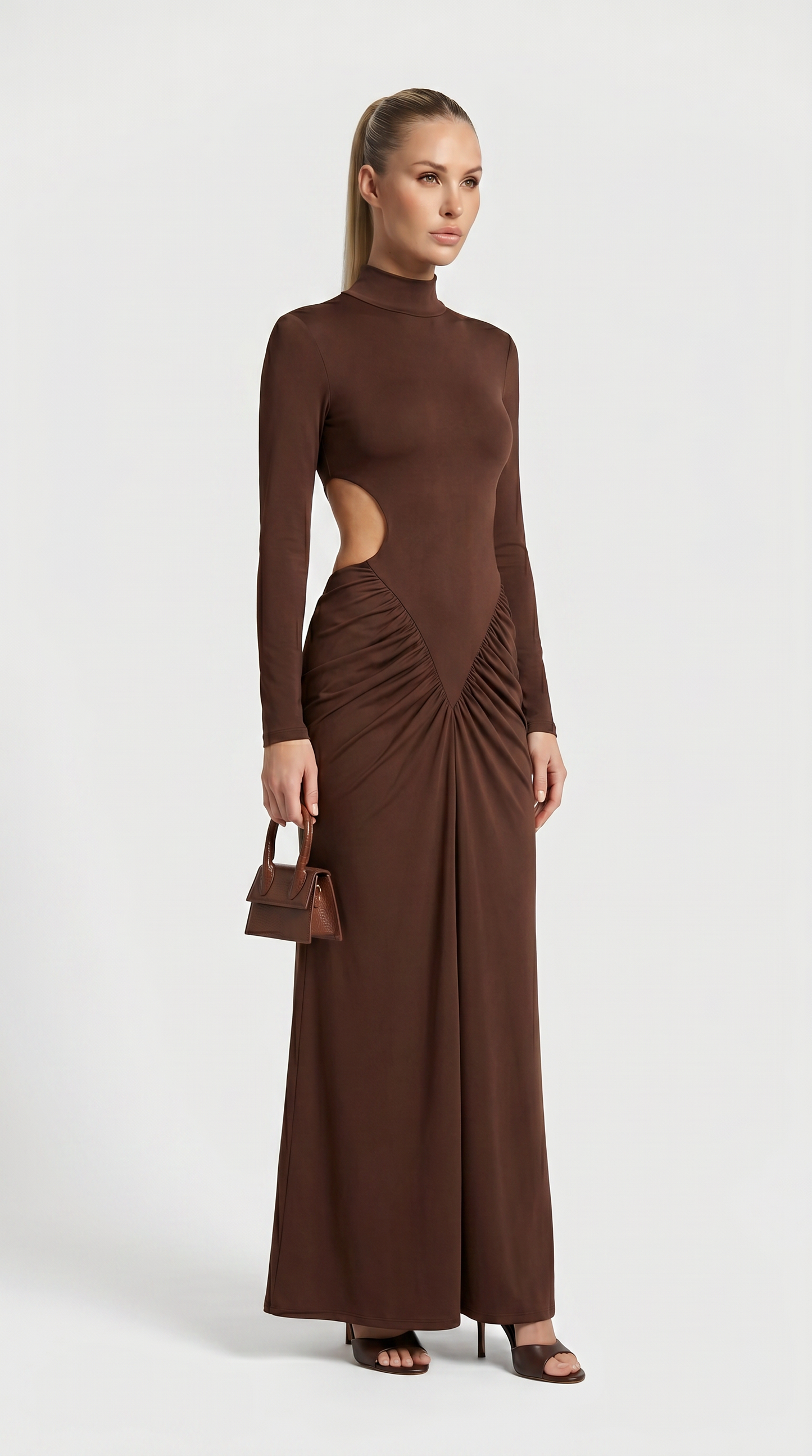Aret - Ruched Cut-Out Mock-Neck Maxi Dress Brown